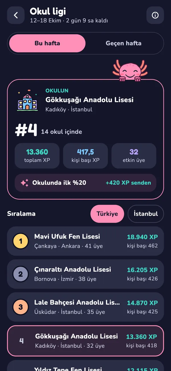 Okul ligi: okulunun bu haftaki sırası