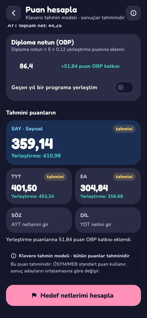 Puan hesaplayıcı: Klevero tahmin modeliyle tahmini puanlar