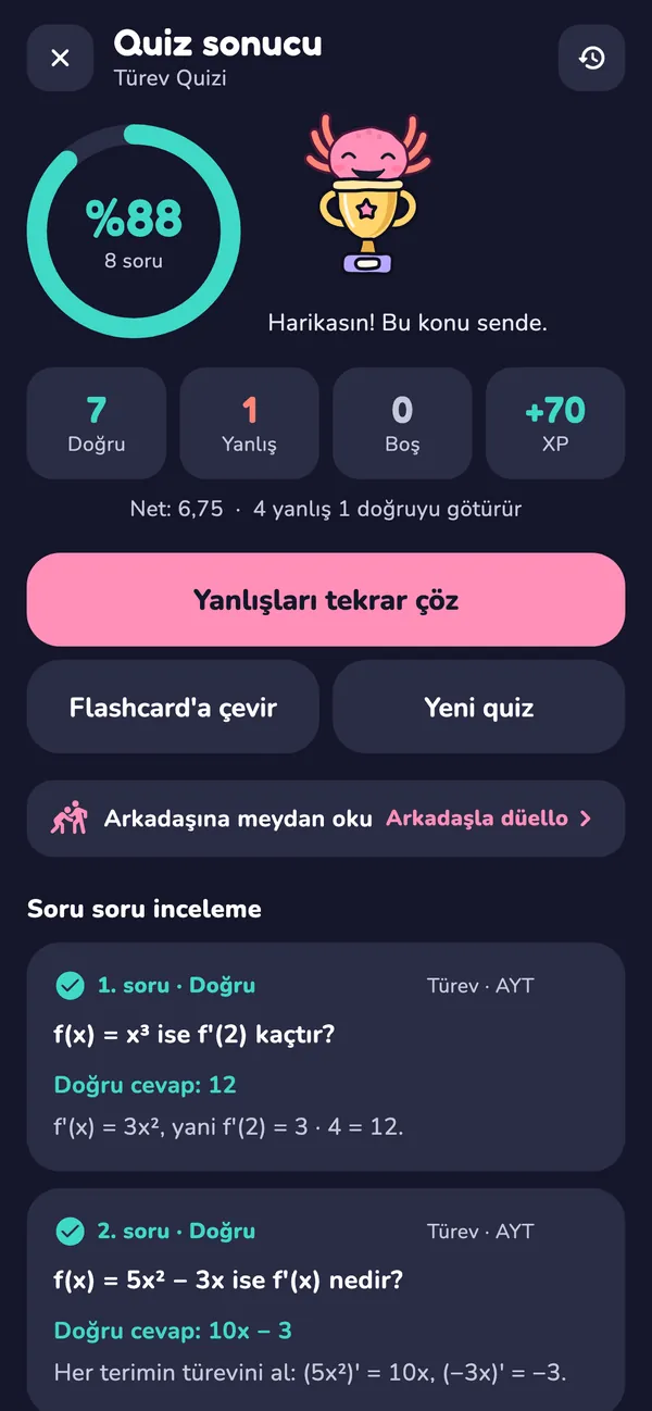 Quiz sonucu: yüzde 88 başarı, net hesabı