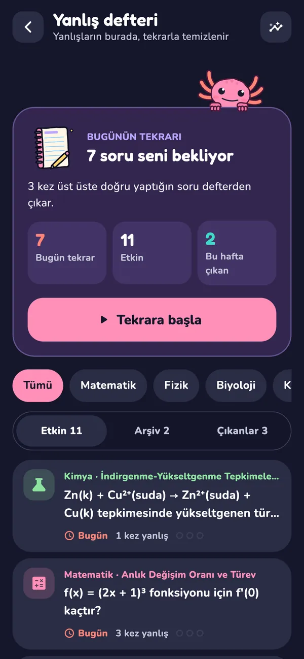 Yanlış defteri: bugün tekrar bekleyen sorular